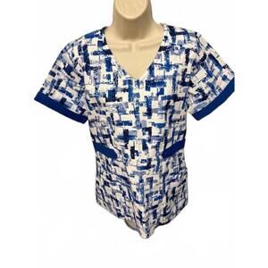 SCRUB WORKS WOMENS SCRUB TOP SMALL BLUE AND WHITE